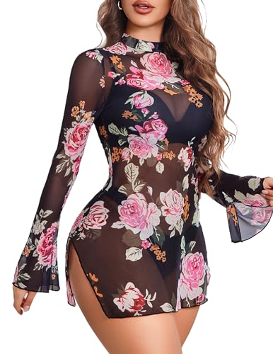 Image of Avidlove Mesh Mini Dresses for Women Bell Sleeves Bodycon Turtle Neck Split Lingerie Dress Vacation Party Outfits Clubwear