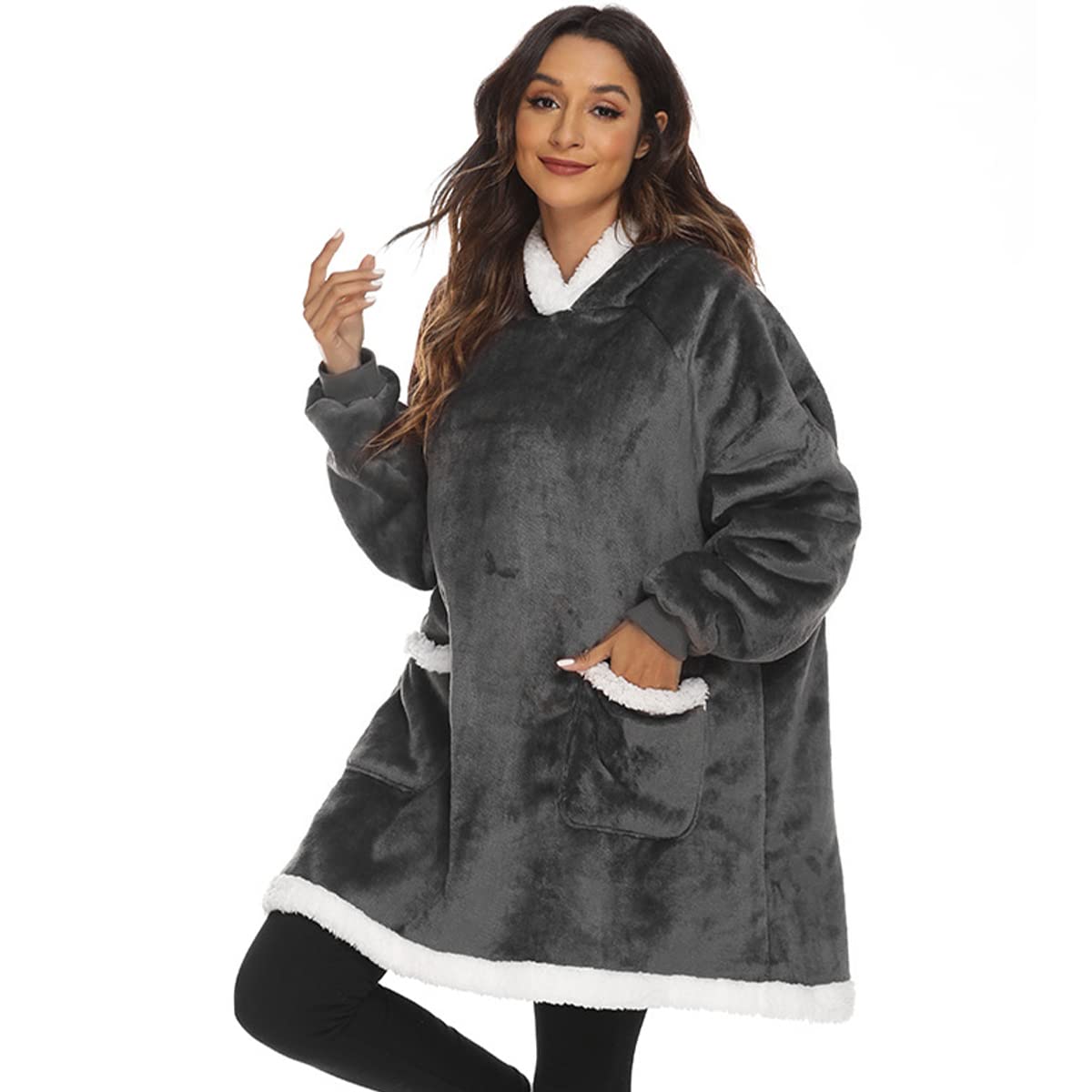 Over d Hoodie Blanket with Pockets Sleeves Soft Comfy Flannel Hoodie Sweater Blanket Sherpa Fleece Lined Wearable Hooded Blanket Warm Giant Sweatshirt Blanket Fits All for Adults dark grey, One Size
