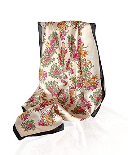 GLORIS Seidenschal mit Blumenmuster beige schwarz 70x70cm Damen Elegante Haare Seidentuch Halstuch Damen Elegant Satintuch Halstuch Seide Bandana Tuch Kopftücher Damen Taschentuch Bandana Cover