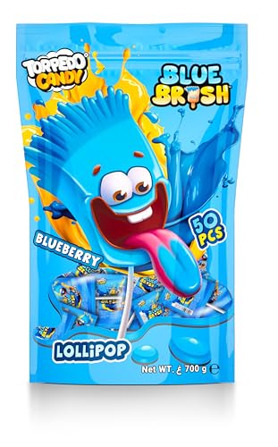 Torpedo Candy Blue Brush Blueberry Lollipop - Pack of 50 Pieces 14g Each Kids Friendly Flavorful Lollipop Candy Perfect for Parties & School Lunchbox Surprise