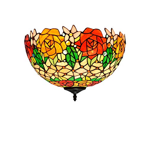 Lámpara de techo Tiffany de montaje empotrado, lámpara de vidrieras de 16 pulgadas, lámpara de iluminación con rosas coloridas, estilo vintage, decorativa para sala de estar, comedor, dormitorio,