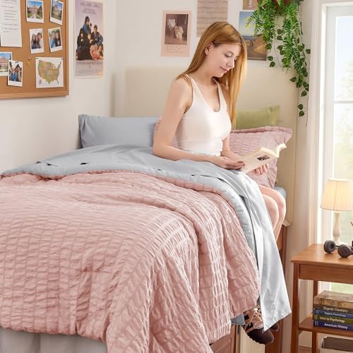 Image of HYMOKEGE Rose Gold /Light Grey Twin Comforter Set Seersucker 5 Pieces, All Season Luxury Bed in a Bag for Bedroom, Bedding Set with Comforter, Sheets, Pillowcase & Sham