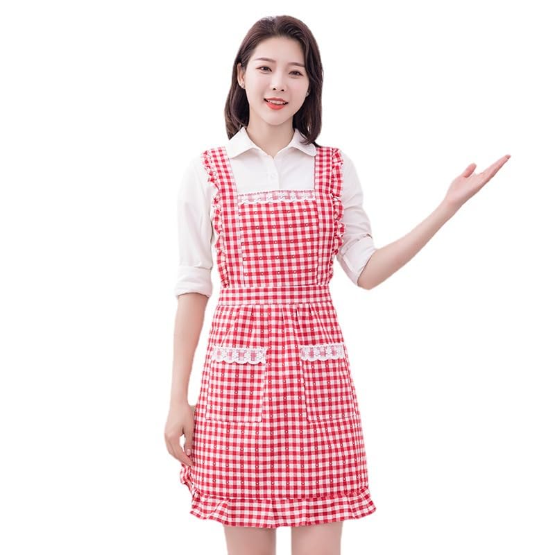 DAZZLUXE Tablier De Cuisine Et De Pâtisserie Pour Femme, Tablier De Jardinage Pour Femme, Tablier En Dentelle Blanche, Tablier Plissé Réglable (Rouge)