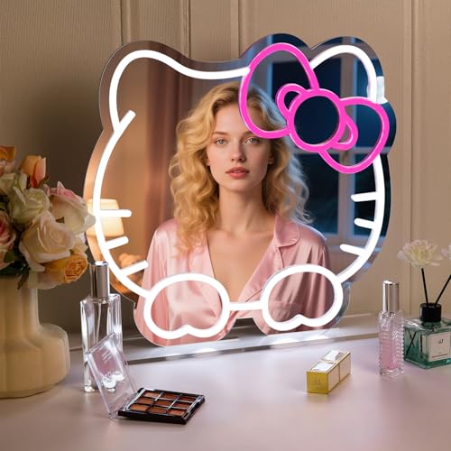 Image of Hello Kit Vanity Mirror with Lights, Pink Room Decor for Girls, Neon Sign Led Wall Mirror with Base Suitable for Desktops, Wall, Bedrooms Decor, Children'S Favorite Anime Neon Mirrors with Dimmable