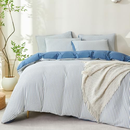 Image of Denim Blue Striped Comforter Set King - 3 Pieces Bedding Comforter Set for All Season, Soft Lightweight Washed Microfiber, 1 Striped Comforter and 2 Pillowcases (Denim Blue, King Size)