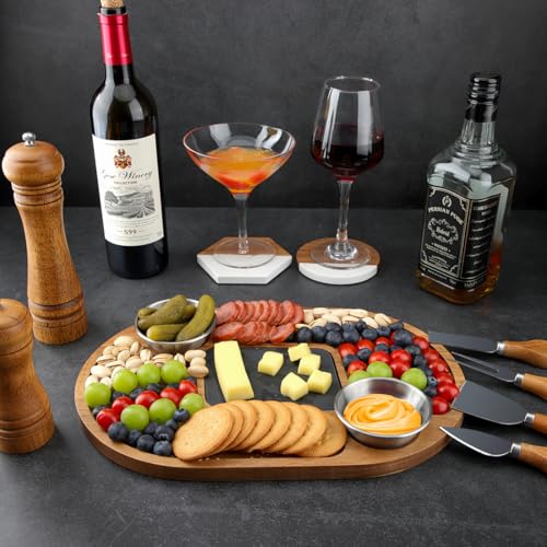 WLWNWFT Servierplatte aus Akazienholz mit Schieferplatte 36 x 24 cm, Servierbrett Holz mit 2 Edelstahl Dip-Schalen für Steak, Sushi, Steakbrett Steakteller Käsebrett Grillbrett – Bild 5