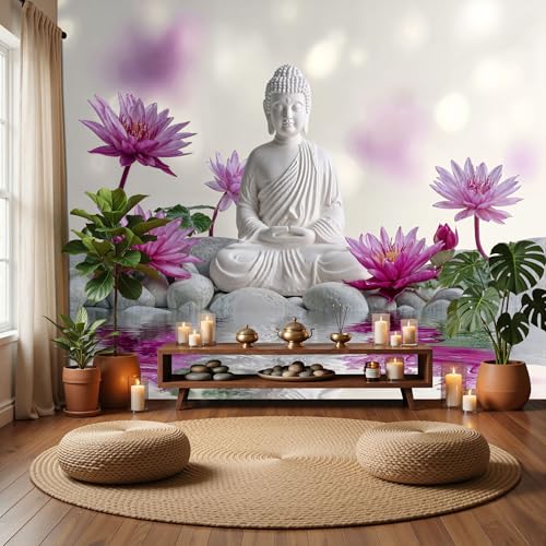 DLERFLOVR Muraux Tapisserie Zen Oriental, 250x175cm Papier Peint Statue De Bouddha, Galet Lotus XXL Poster Tableaux Muraux Tapisserie pour Salon Chambre Salle...