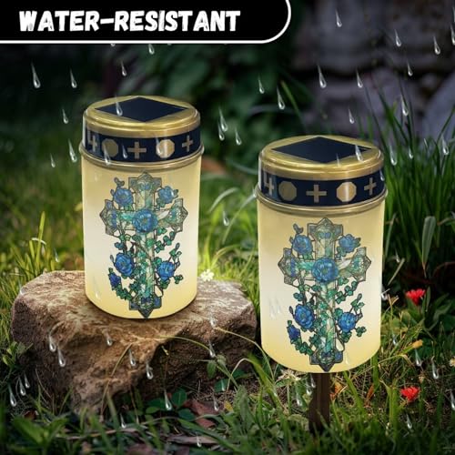 Image of Cross Blue Rose Light for Prayer Cemetery Solar Lights for Grave Cemetery Decor Candle Lamp Waterproof Solar Power Light Eternal Lights for Graves Cemetery Memorial Gift 2 Pcs