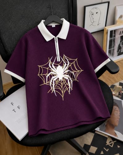 Image of AUSK Men's Spider Graphic Printed Polo T-Shirt | Cotton Blend Textured Regular Fit Half Sleeve Zip Polo Neck Casual T-Shirt for Men