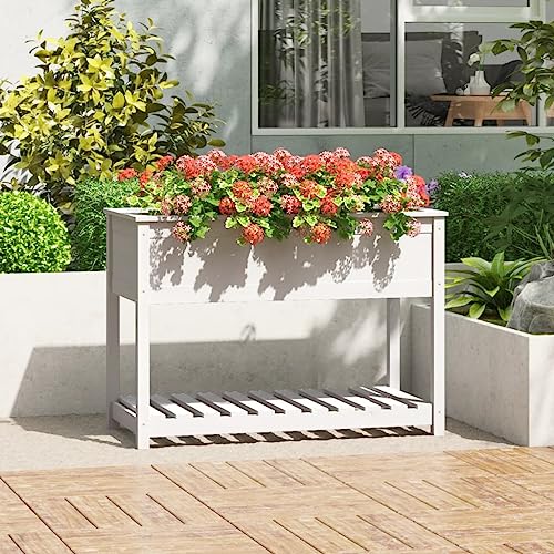 Macetero con estante, color blanco, 111,5 x 54 x 81 cm, madera maciza de pino para jardín, terraza, balcón, jardinera robusta