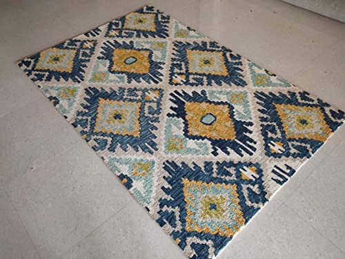 Image of Export Quality Handtufted Woolen Carpet for Living Room Bedroom & Hall - Color - Ivory /Multi - Size - 7 x 10 Feet