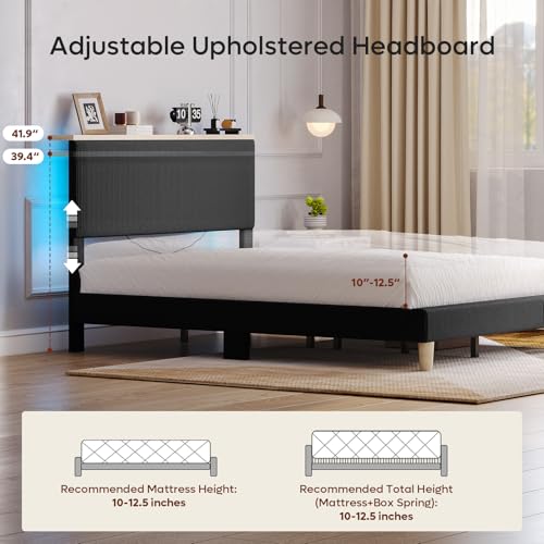 Image of Bestier Full Bed Frame with Adjustable Headboard & LED, Upholstered, Black