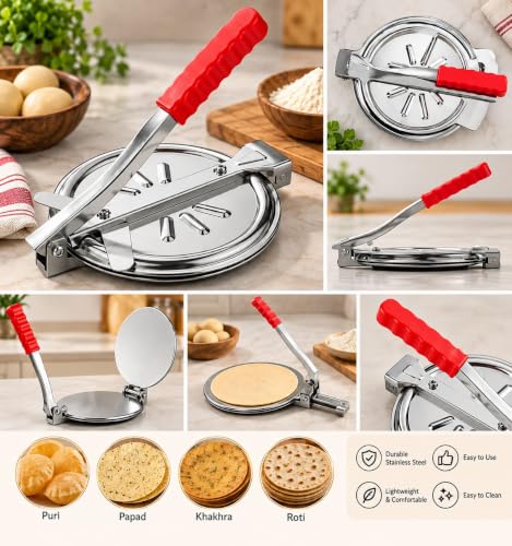 Image of Stainless Steel Manual Roti Maker Press for Chapati, Puri & Tortilla | Round Flatbread Press with Mirror Finish & Red Handle | Kitchen Tool