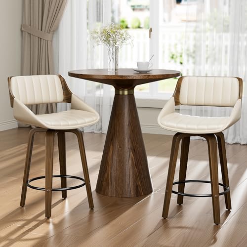 Image of YaFiti Swivel Bar Stools Set of 3, 26 inch Counter Height Barstools with Bentwood Back and Legs, Mid Century Modern Upholstered Faux Leather Counter Stools for Kitchen Island, Home Bar, Cream White