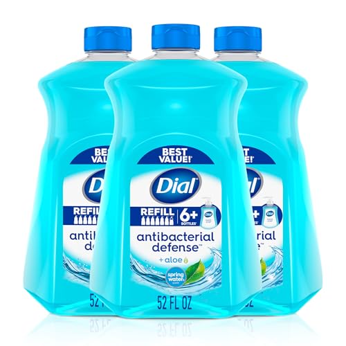 Dial Antibacterial Defense Liquid Hand Soap + Aloe, Spring Water Scent, 52 Fl Oz Hand Soap Refill (Pack of 3), Dermatologist-Tested, Gentle Formula