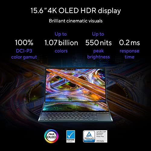 Image of ASUS Zenbook Pro Duo 15 OLED (2022), 15.6 inch (39.62 cms) 4K OLED Touch, Core i7-12700H 12th Gen, Dual Screen Laptop (32GB /1TB SSD /6GB GeForce RTX 3060 /Windows 11 /Office 2021 /Blue /2.3 kg), UX582ZM-H701WS