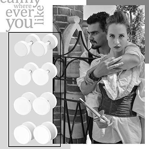 4 Pairs Unisex 6-12MM Stainless Steel Stud Earrings Set,Cupimatch Ear Piercing Plugs Faux Gauges Illusion Tunnel Screw Earrings, White2