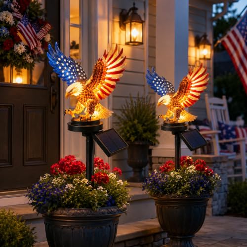 Solar Eagle Garden Light Patriotic Eagle Yard Stake with Solar Powered LED America 250th Anniversary Outdoor Decoration for Memorial Day 4th of July Lawn Garden Walkway Patio (2 PCS)