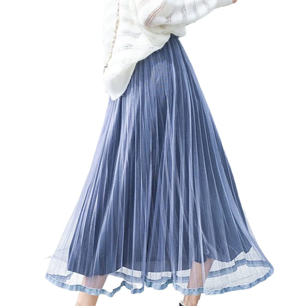 OZEO Röcke Damen,Damen Midirock Blau Hohe Taille Tüllnähte Samt Faltenrock Mode A-Linie Swing Rüschen Rüschen Lange Röcke Für Mädchen Damen Herbst,M