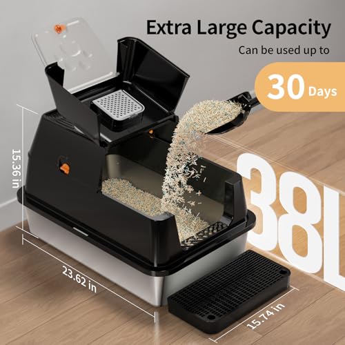 Image of Stainless Steel Cat Litter Box with Lid, 180 Flip-Top XL Extra Large Enclosed Litter Box, Covered Metal High Sided Litter Pan with Steps & Scoop, Easy Cleaning, Odor Control,Non-Sticky-Black