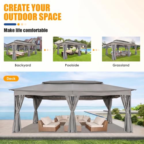 Image of COBIZI 12x20 FT Gazebo Outdoor with Curtains, Heavy Duty Soft Top Gazebo Canopy with Double Roof, Large Metal Frame Gazebos for Patio, Backyard and Deck (Gray)