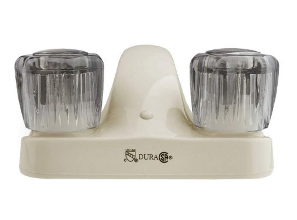 Grifo de baño para casa rodante Dura Faucet DF-PL700S-BQ con perillas de acrílico ahumado (pergamino bizcocho)