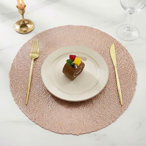 Image of Yellow Weaves 2 Pcs PVC Circle Weave Design Table Placemat, Dining Table Mat, Anti-Skid, Washable, Dining, Kitchen, Restaurant Table Set Easy to Clean, Durable (Rose Gold)