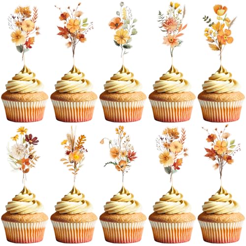 Rngmsi Wildflower Party Cupcake Toppers Decorations, 40PCS Flower Summer Fall Birthday Party Cake Decor, Floral Autumn Cupcake Toppers for Baby Shower Bridal Shower Wedding Supplies