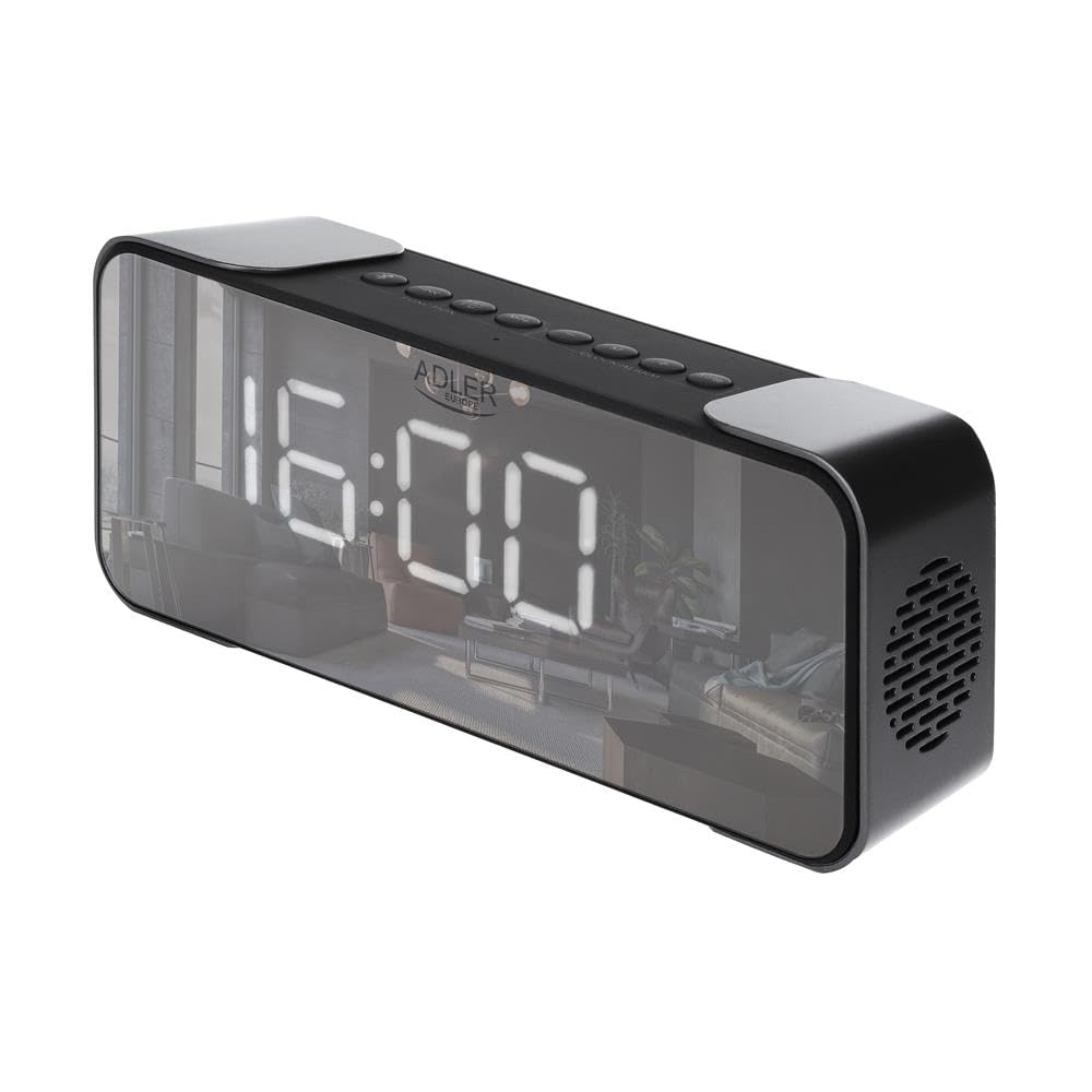 Adlereurope AD 1190 Kabelloser Radiowecker - FM, 3 Weckermodi, LED-Display, Bluetooth 5.0, AUX/SD, 1800 mAh Akku, Spiegeloberfläche, 24/12-Stunden-Uhr, Silber/Schwarz