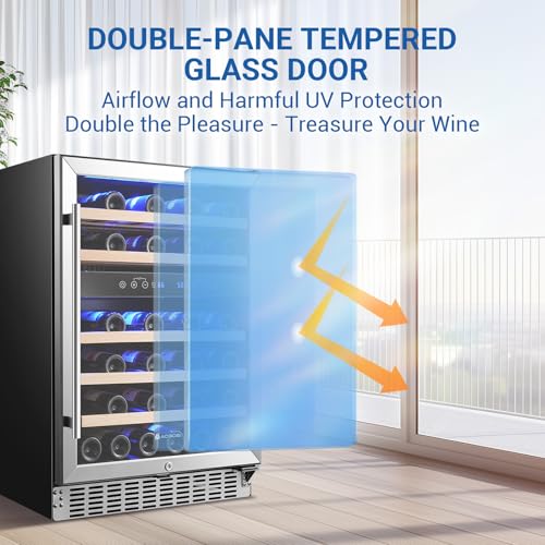 Image of AAOBOSI Upgraded 24 Inch Wine Fridge, 48Bottles Wine Cooler with Dual Zone, Freestanding and Built-in Wine Refrigerator with Adjustable Shelves and Safety Lock, Double-Layer Glass Door, LED Light