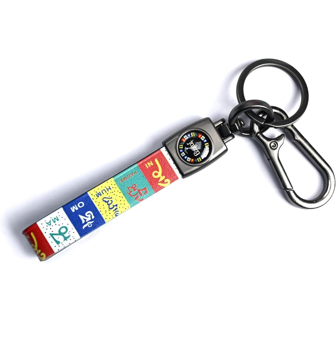 TRENDY Tibetan Om Mani Padme Hum Keychain for Car & Bike (Height -14cm) | Ladakh Julley Prayer Flag Keyring | Premium Metal Hook with Strap | Buddhist Good Luck Key Holder for Men & Riders-image-18