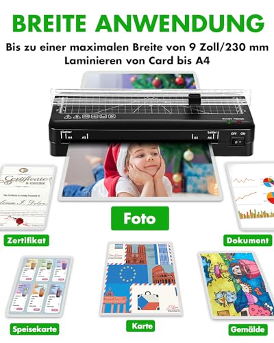 Laminiergerät A4 Laminiermaschine 70 Sek Schnelles Aufwärmen, Integrierter Fräser, Laminiergerät NTC Technologie mit 10 Laminierfolien für A4/A5/A6, für Büro, Zuhause und Schule