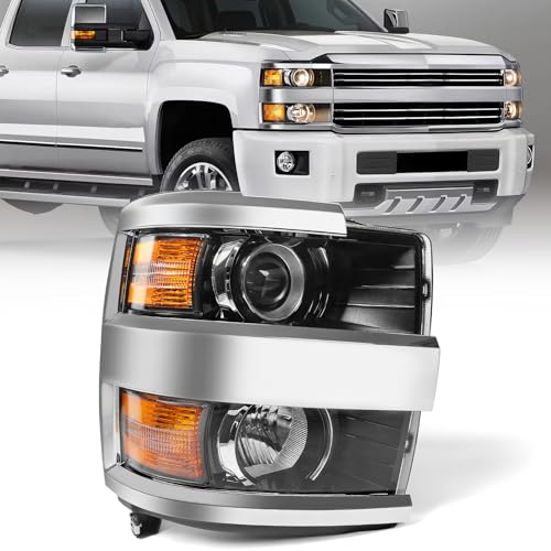 FIONE Halogen Headlight Assembly Compatible with Chevy Silverado 2500 3500 HD 2015-2019 GM2503416 84388593 Chrome Housing Headlamp Assembly RH Right Passenger