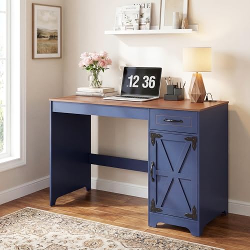 Manora 43' Farmhouse Desk with Power Outlet, Blue Computer Desk with Barn Door Storage Cabinet, Rustic Writing Table with Drawer & Adjustable Shelf for Home Office Study Bedroom