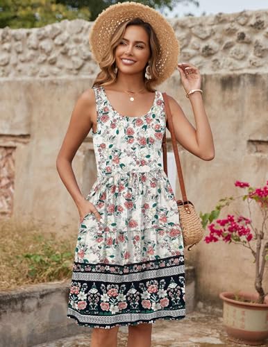 Image of Zeagoo Womens Summer Casual Crewneck Sleeveless Midi Dress with Pockets Tiered Flowy Swing A Line Sundresses