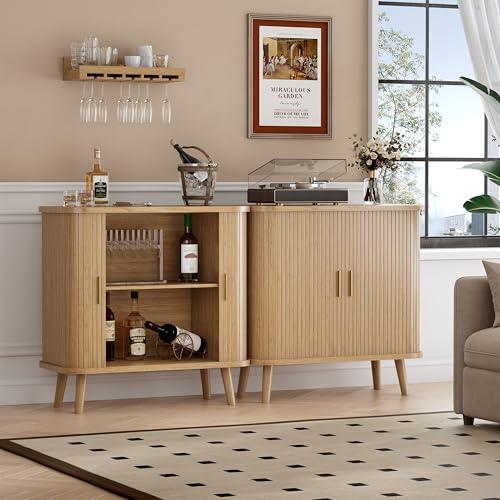 Image of BORNOON Buffet Cabinet with Storage, Curved-Edge Fluted Storage Cabinet Sideboard, Modern Black Sideboard Buffet with Adjustable Shelves & Sliding Door for Dining Room, Kitchen, Entryway (Oak)