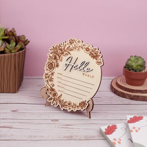 Image of Baby Name Announcement Sign - Floral Wooden Hello World Plaque for Newborn Photo Prop