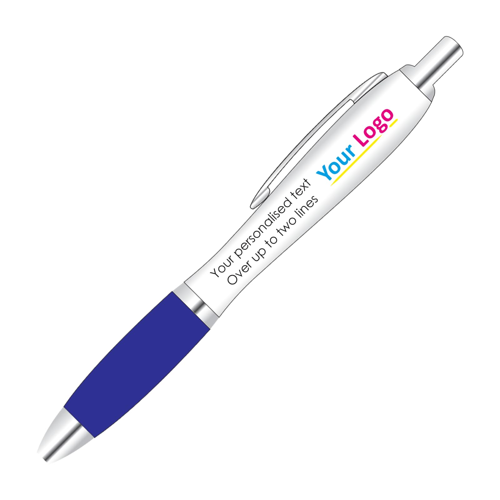 Full Colour Printed Logo Pens x 20 With Personalised Text Options for Custom Promotion With Blue Colour Grip.