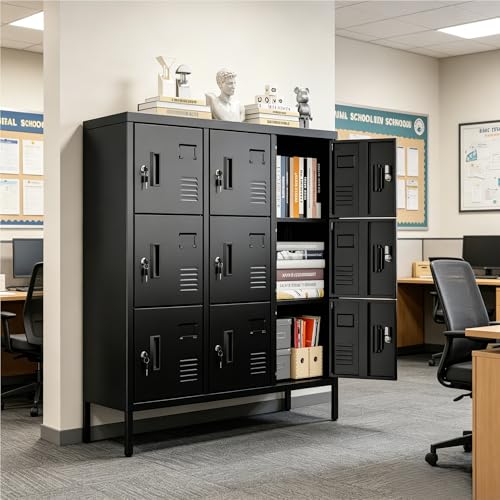 Image of SUPEER Metal Lockers for Employees with 9 Doors,Lockable Metal Locker with Keys and Card Slot,Office Storage Locker for School Gym Home,15.79 inch D x 35.51 inch W x 37.8 inch H,Black,Assembly Required