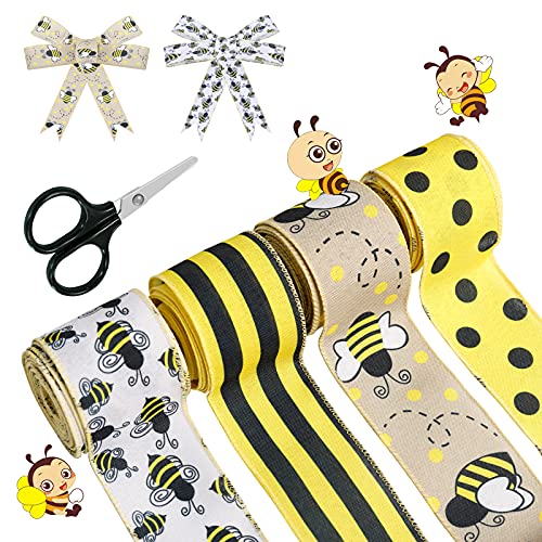 BENBO 26 Yard Bumble Bee Ribbon Wired Polka Dot Plaid Check Wired Edge Ribbon Bee Vertical Stripe Craft Honeybee Decorative Ribbon with Scissors for Bows, Wreaths, Christmas Gift Wrapping
