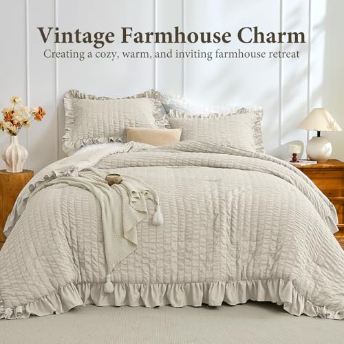 Image of JOLLYVOGUE King Size Comforter Set, 3 Pieces Oatmeal Seersucker Comforters King Size, Lightweight & Fluffy Bedding Sets King for All Season with 1 Ruffle Comforter and 2 Ruffle Pillowshams