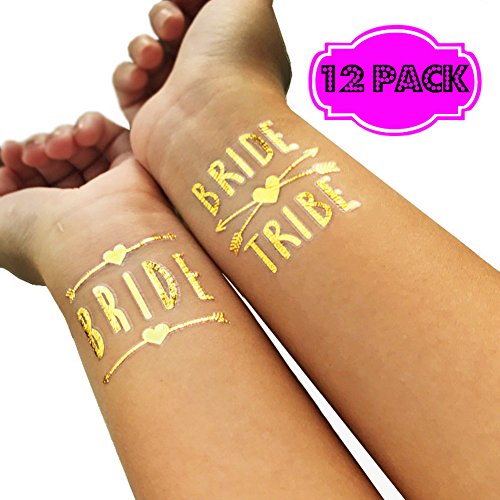 Bride Tribe Bachelorette Party Temporary Tattoos Gold Metallic Glitter Waterproof Tattoo Party Supplies (2 × BRIDE TRIBE + 10 BRIDE)