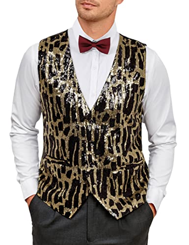 TURETRENDY Men's Shiny Sequins Vest V-Neck Slim Fit Stylish Vest Waistcoat with Pockets for Party Dinner Prom2
