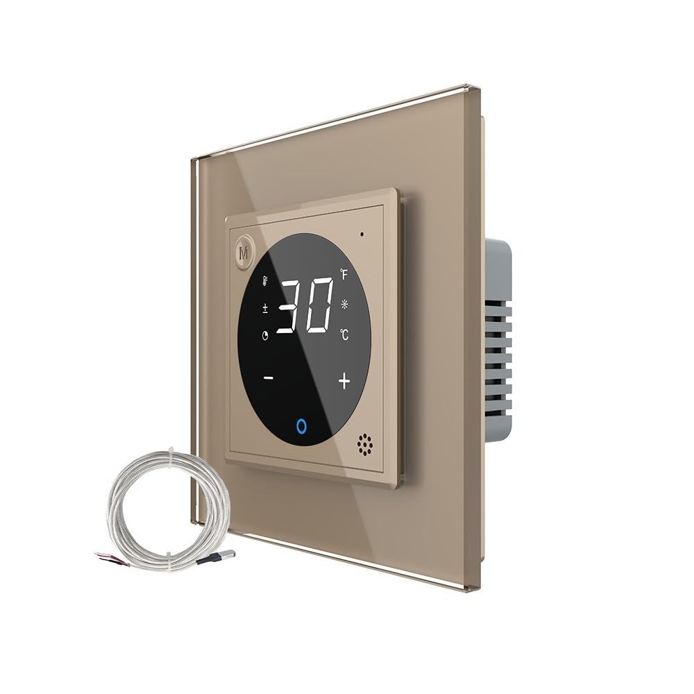 Livolo - Termostato digital táctil con sensor de suelo, sensor de temperatura para suelo y calefacción eléctrica con servomotores dorados, incluye marco de cristal