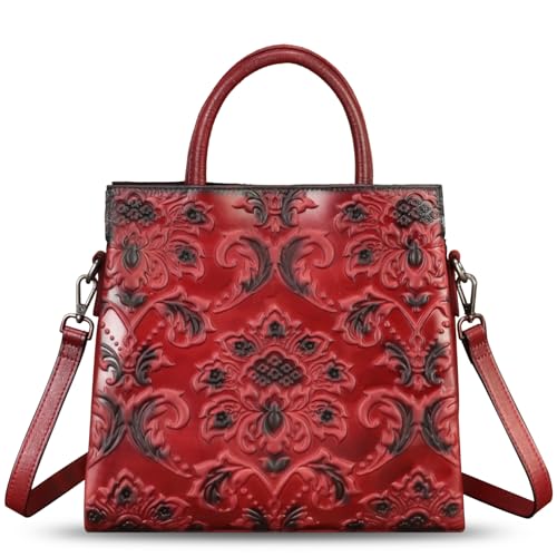 Image of Genuine Leather Satchel for Women Top Handle Handbag Handmade Embossed Vintage Satchel Crossbody Handbags Purse Bag