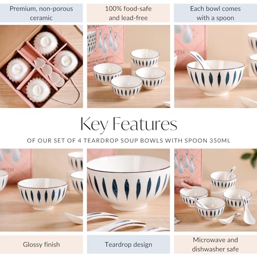Image of Nestasia Set of 4 Soup Bowl with Spoon (350ml Each) - Ceramic Microwave & Dishwasher Safe Bowls for Serving Soup, Curry, Custard, & Dessert | Teardrop Design Bowl Set Perfect for Gifting & Daily Use