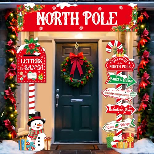 3 Pcs Christmas North Pole Door Decorations North Pole Directional Sign Porch Banners Christmas Mailbox Letter to Santa Porch Signs Hanging Backdrop for Winter Xmas Holiday Home Wall Party Decor