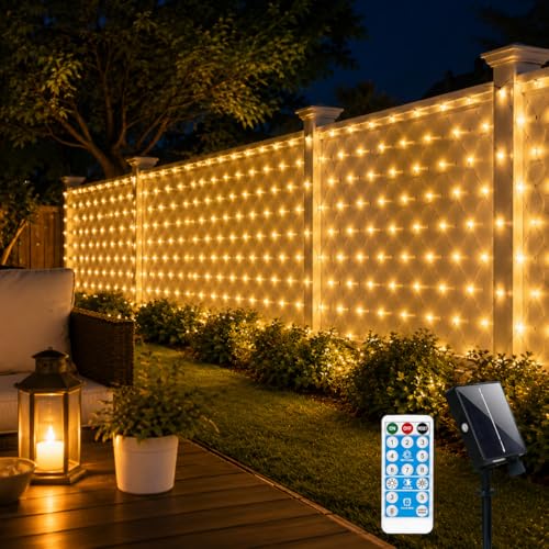 CERIAL Outdoor Solar Net Lights 3.6 x 1.5M Garden Fairy Lights Mesh Light Solar Powered Bushes Tree Light Waterproof with Remote Timer 8 Modes for Balcony Gazebo Curtain Decor(Warm White)