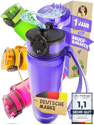 Funkelfuchs® - Botella de agua para niños – 500 ml, color lila – apta para bebidas carbonatadas – 100% a prueba de fugas – Botella de agua apta para lavavajillas – para guardería, escolarización,