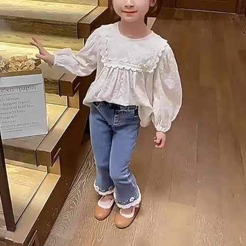 Flower Jeans for Girls Ruffle Wide Leg Kids Stretch Baggy Denim Pants High Waisted Cute Fall Clothes Y2k Outfits with Pockets4